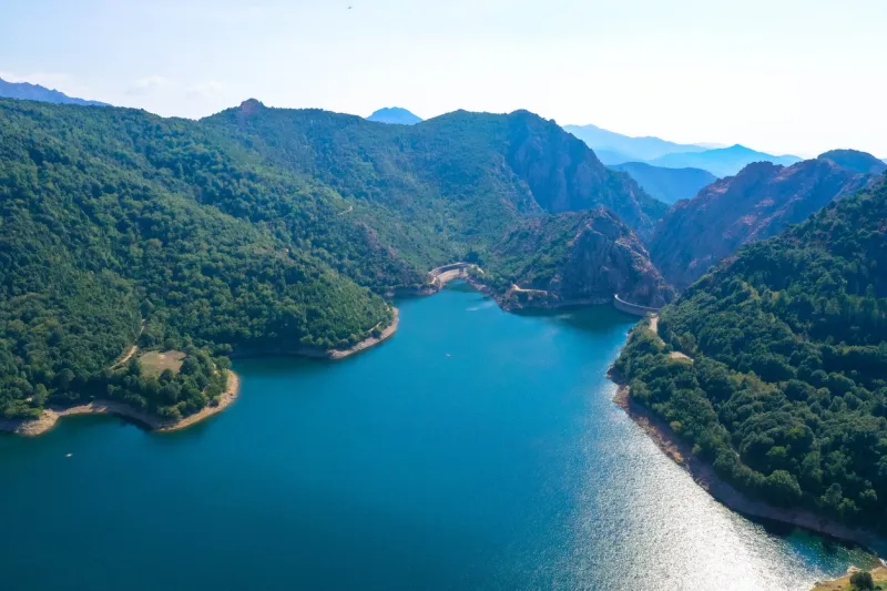 aerial view, lac de tolla is a reservoir on the mediterranean island of corsica it is located in the south of the island, east of the island's capital ajaccio, tourism and vacation concept