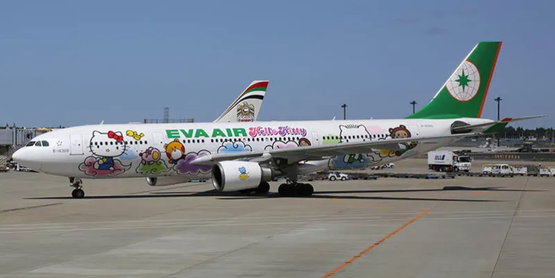 tokyo narita, japan - may 17, 2014  an eva air airbus a330-200 with the registration b-16309 in the hello kitty livery at tokyo narita airport (nrt) in japan eva air is an airline from taiwan some planes are painted in the hello kitty special livery