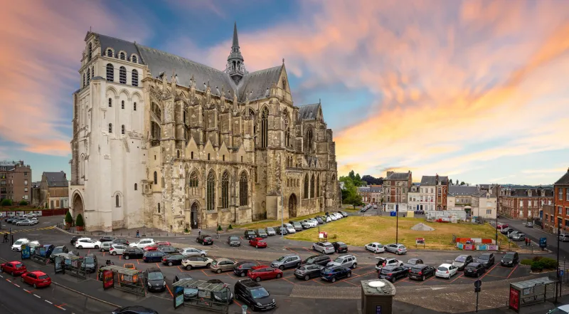the basilica of saint quentin at sunset (church) in saint quentin, aisne, france on 7 july