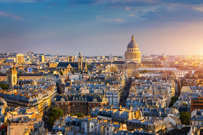 panoramic view of paris with the pantheon at sunset, france view of the pantheon and the latin district at sunset, paris, france