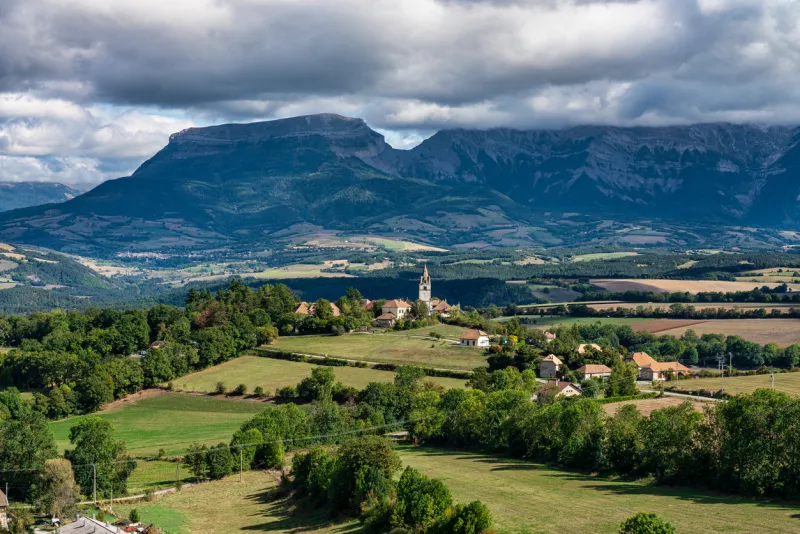 scenic view on the trieves valley with the vercors mountain range near bourg saint maurice village from the top of the menil mountain, rhone-alpes, france