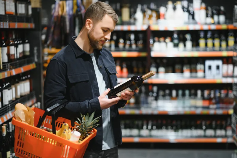 portrait of young glad positive male customer selecting wine in supermarket
