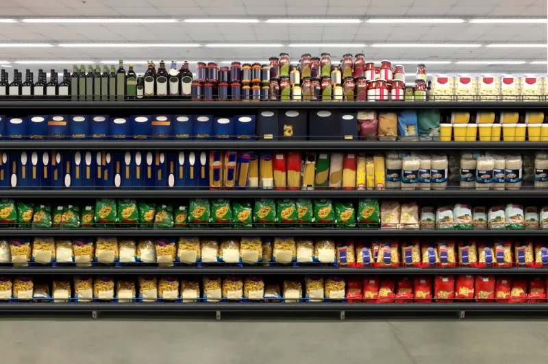 pasta packaging in a supermarket on a shelf suitable for presenting new product plans and new packaging among many others