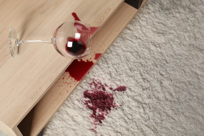 overturned glass and spilled red wine on white carpet indoors, above view