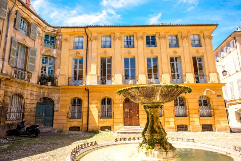 beautiful old fountain on albertas square in aix-en-provence old town in france french architecture in provence