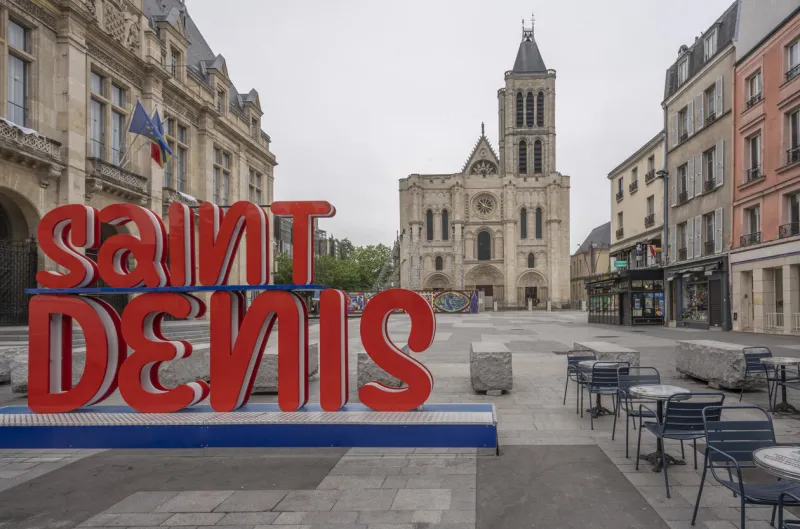saint-denis, france - 05 15 2023  view of the facade of basilica of saint denis and the