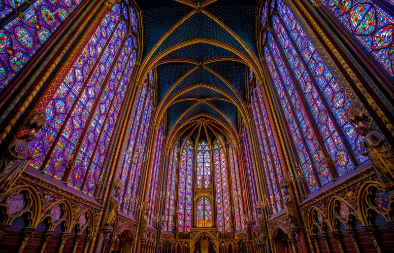 paris, france - may 17, 2018 the sainte-chapelle wonderful stain-glass windows one of the most visited landmark in paris, france famous stained glass windows and ceiling