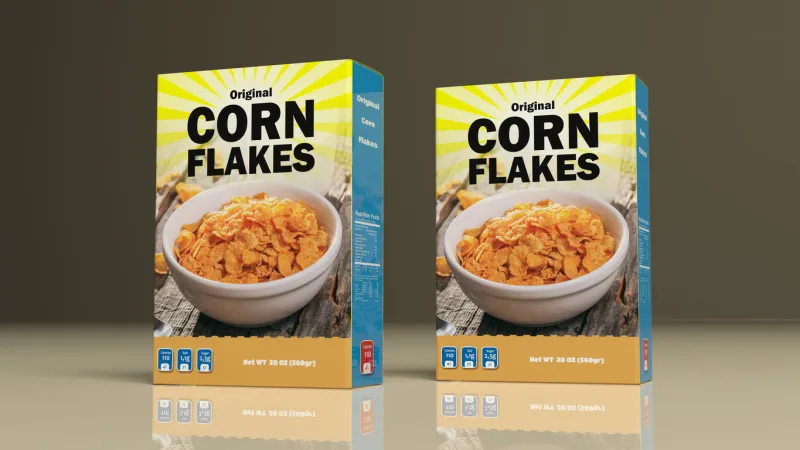corn flakes paper packages on colored background 3d illustration
