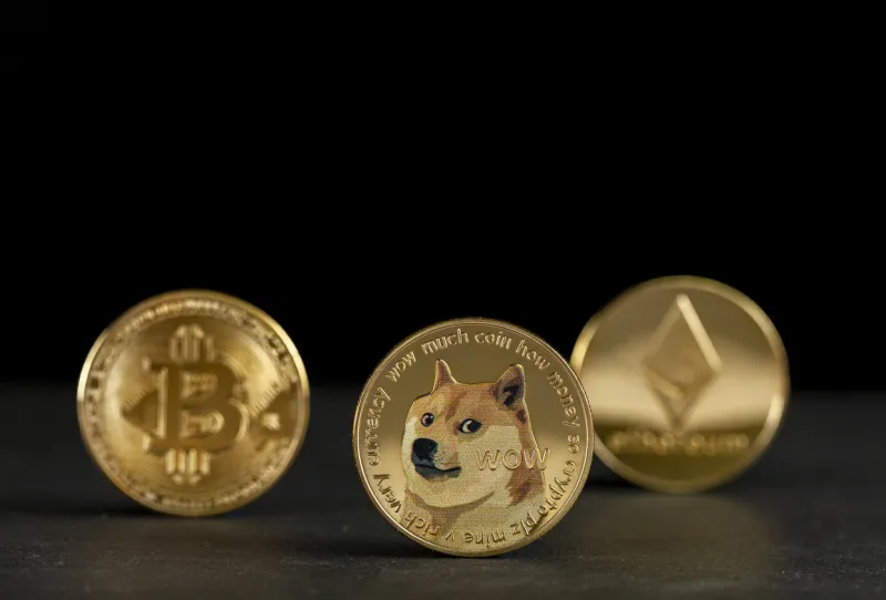 clarksburg, md, usa 05-15-2021  symbolic cryptocurrency types represented as shiny coins are lined up against dark background among them dogecoin which started as a joke is currently gaining popularity