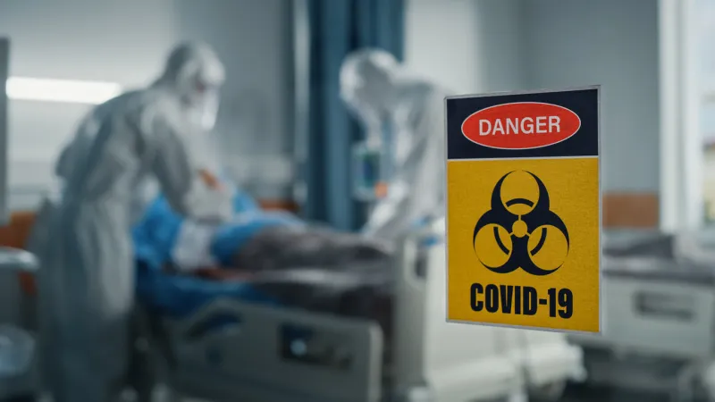 hospital coronavirus emergency department ward  doctors wearing coveralls, face masks treat, cure and save lives of patients focus on biohazard sign on door, background blurred out of focus