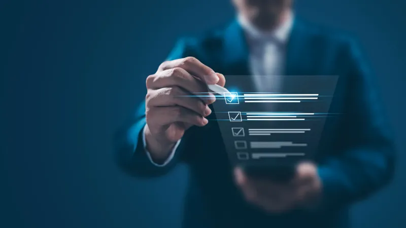 business performance monitoring concept, businessman using smartphone online survey filling out, digital form checklist, blue background