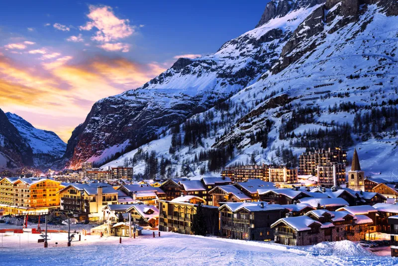 famous and luxury place of val d'isere at sunset, tarentaise, alps, france