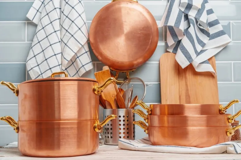 modern kitchen details with copper kitchenware close up