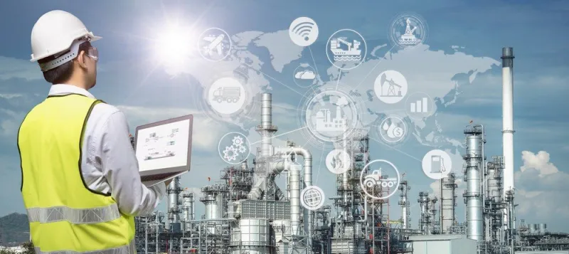 industry 40 of oil and gas refining process of refinery plant, double exposure of engineer working, industrial energy system network icons concept