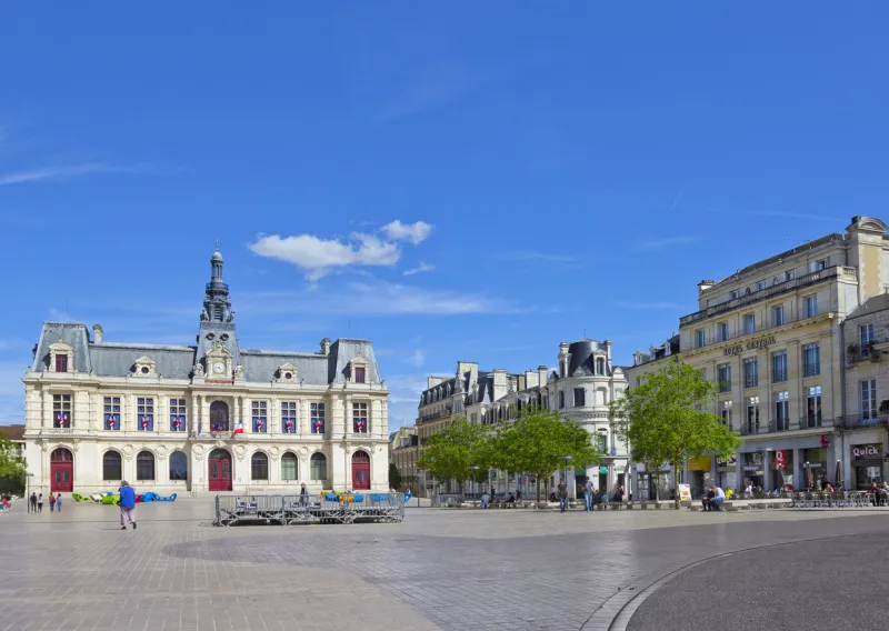 poitiers, france - may 14, 2017  city hall with people seen across square