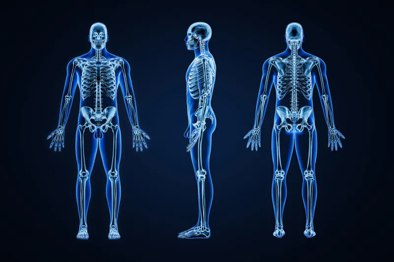 accurate xray image of human skeletal system with adult male skeleton and body contours on blue background 3d rendering illustration anatomy, medical, healthcare, science, osteology, concept