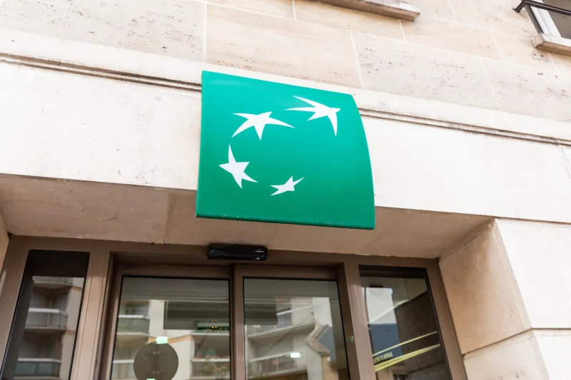 30 july 2019, versailles, france  bnp paribas bank sign at the entrance to the department
