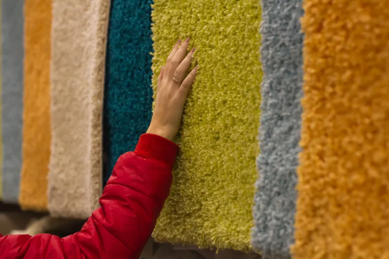 woman spends shopping and selects colored plush carpets by hand in the store
