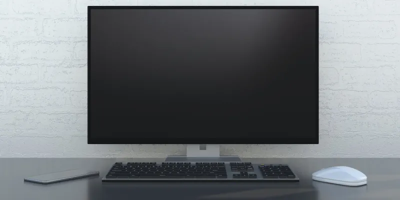 blank black screen on a computer desktop monitor, keyboard, mouse and smartphone on office desk business office workplace, copy space, template 3d illustration