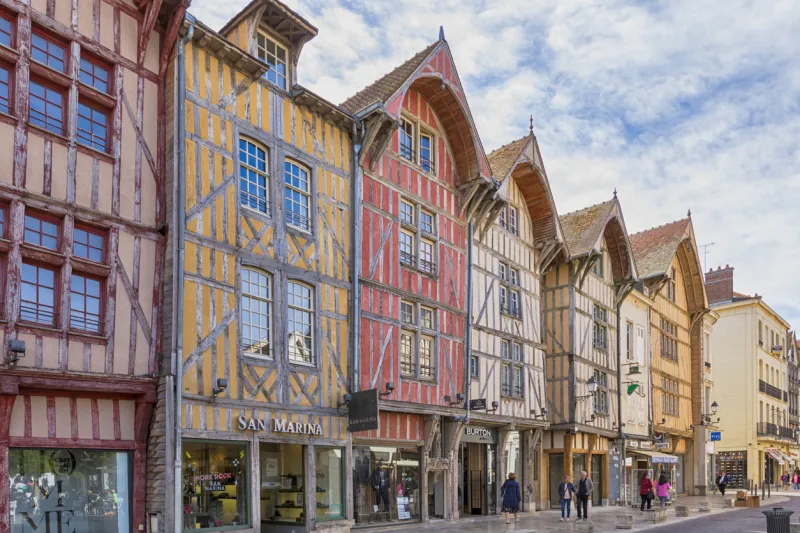 troyes, france - september 22, 2018  row of half-timbered medieval houses at rue emile zola known as maisons à colombage