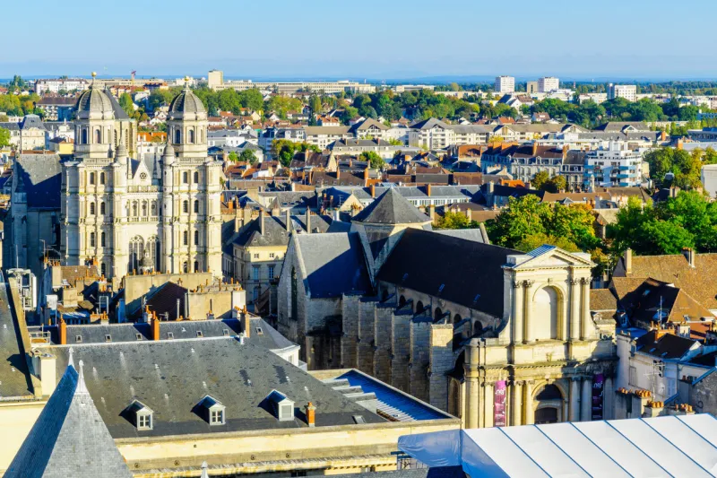 dijon, france - october 15, 2016  an aerial view of the historic center of the city, with st michel church, in dijon, burgundy, france