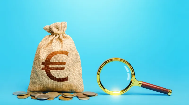 euro money bag and magnifying glass revising the budget to save money financial audit control most favorable conditions for deposits origin of capital funds search for financing