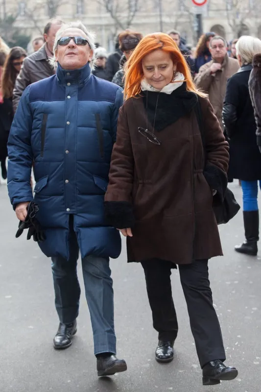 gilbert montagne et son epouse nikole sortant de l'eglise saint-sulpice après les obseques de michel delpech decede le 2 janvier dernier des suites d'un cancer, a paris, france le 8 janvier 2016 photo by abacapresscom , 529591 049 paris france