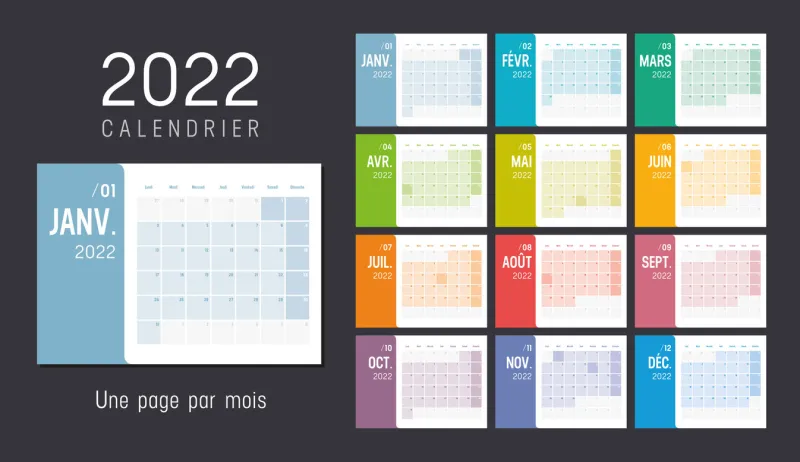 year 2022 colorful minimalist monthly calendar, in french language, on black background week starts monday vector template