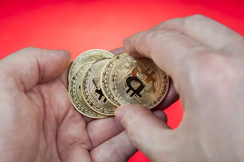 the electronic currency bitcoin lies in cash coin in the palm of a person, red background