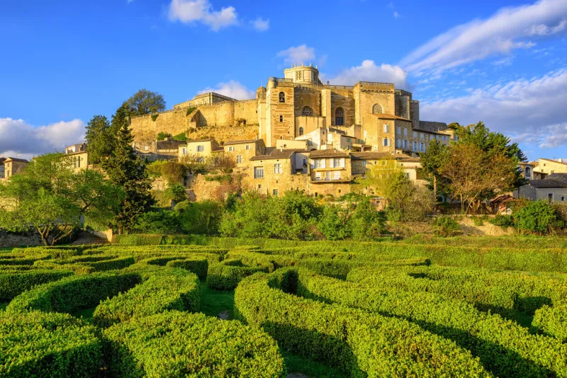 labyrinth garden beneath the hilltop town grignan, drome, france