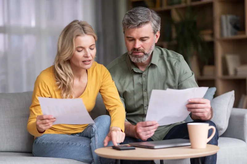 financial literacy busy middle aged husband and wife calculating family budget together while sitting on couch in living room interior, spouses checking loan documents and using calculator