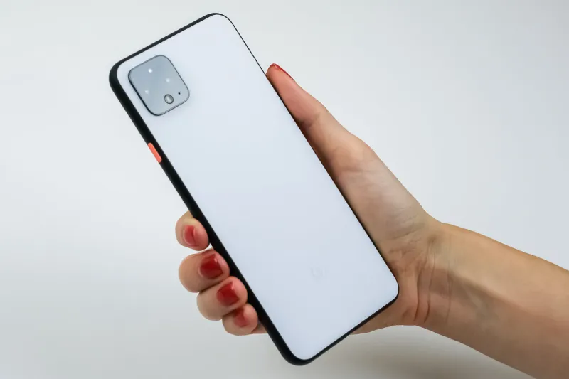 google pixel 4 xl in clearly white color being held by a customer manhattan, new york, usa, october 24