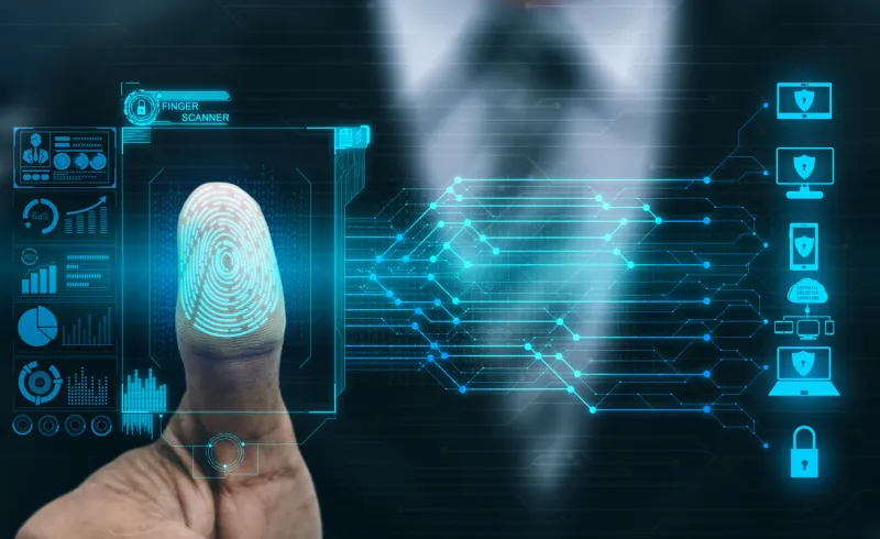 fingerprint biometric digital scan technology graphic interface showing man finger with print scanning identification concept of digital security and private data access by use fingerprint scanner