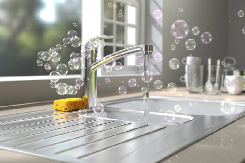 a lot of soap bubbles floating in the air at a kitchen environment washing dishes