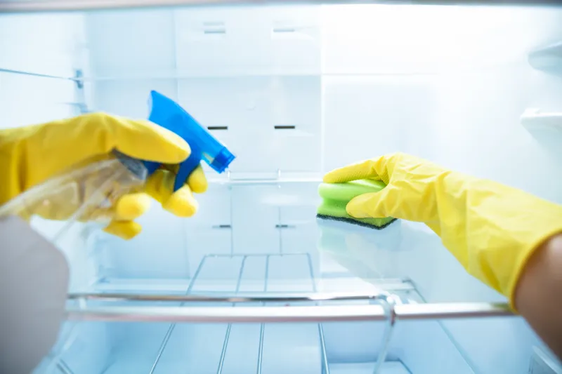 close-up of woman's hand wearing yellow gloves cleaning open refrigerator with spray bottle and sponge