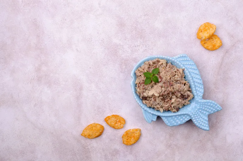 fish pate with bread in a ceramic dish on a light background top view