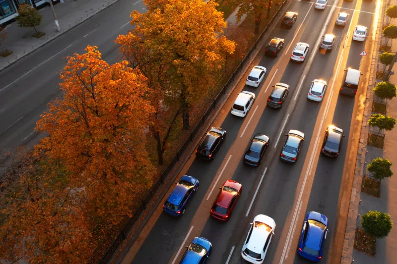 heavy traffic jam during rush hour at sunset or dawn