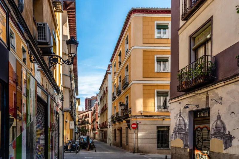 madrid, spain - may 8, 2021  traditional street in the quarter of las letras in central madrid, spain