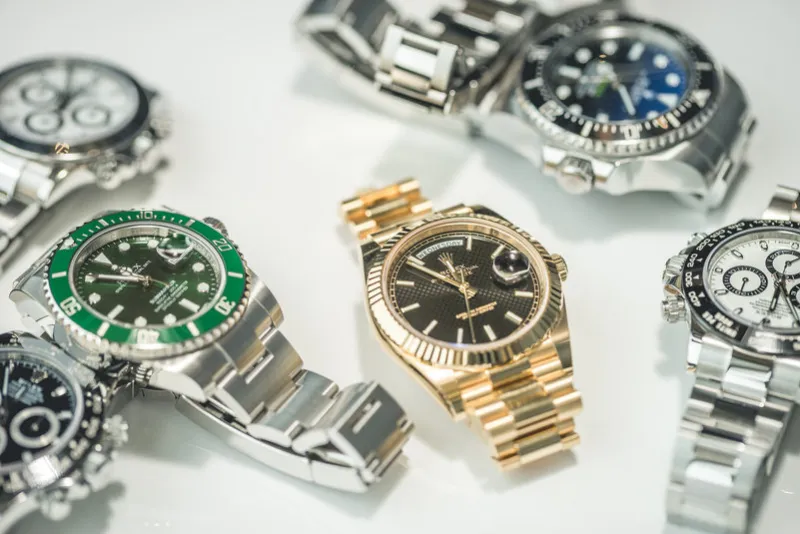 grande praire, canada - july 17, 2017  collection of luxury rolex watches on a display