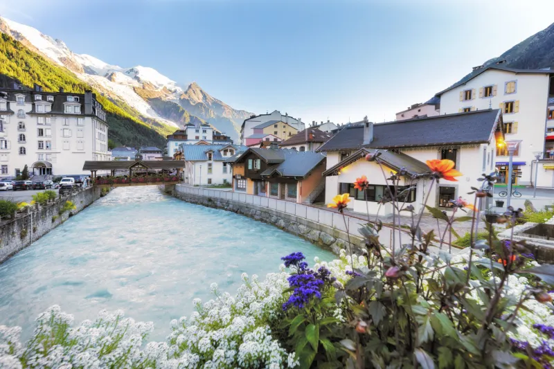 the village of chamonix, france view over the river arve