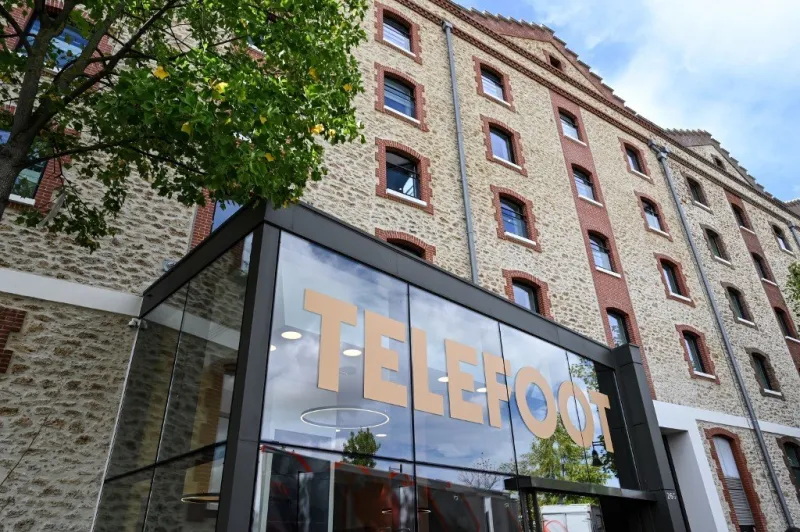 a picture shows the facade of the main studios of new french football television channel telefoot in aubervilliers, on the outskirts of paris, on august 18, 2020 - telefoot will begin broadcasting on august 21, 2020 (photo by bertrand guay   afp)