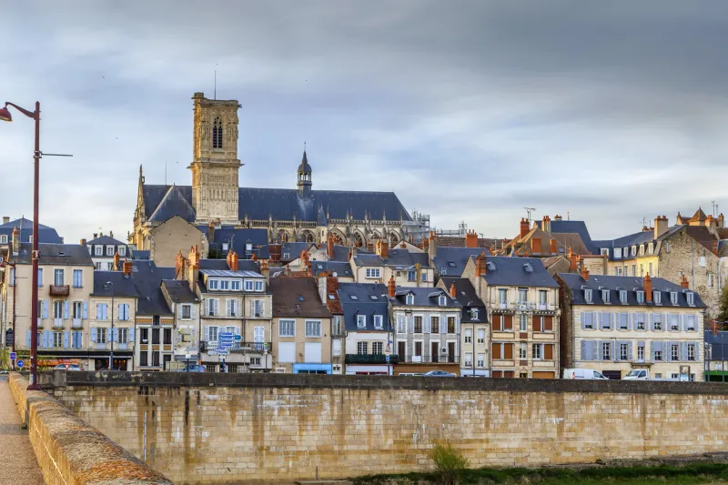 view of nevers from loire river bridge, france