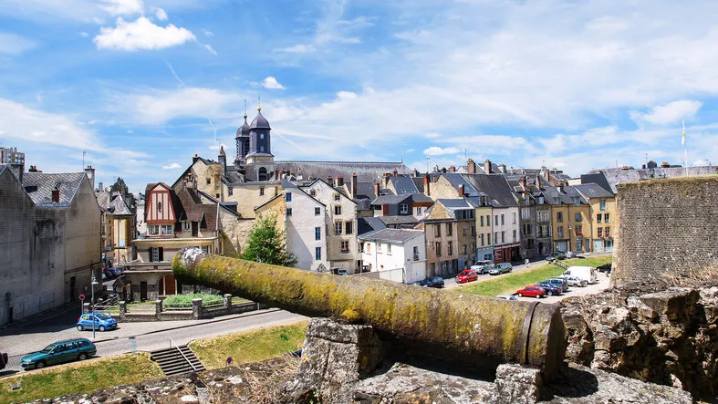sedan, france  view of sedan town from rampart of castle chateau de sedan in summer sedan is commune in ardennes department, the castle began to be built in