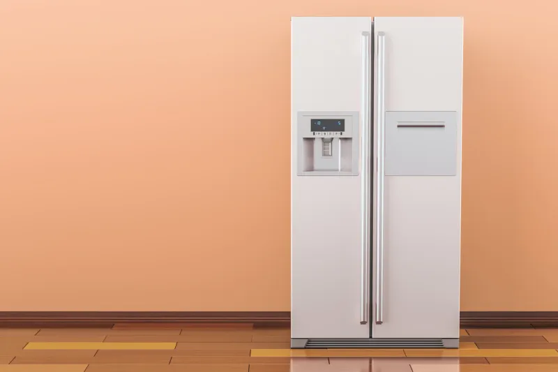 modern fridge with side-by-side door system in the room, 3d rendering