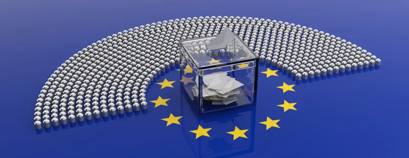 eu election european union parliament seats and a voting box on eu flag background, banner 3d illustration