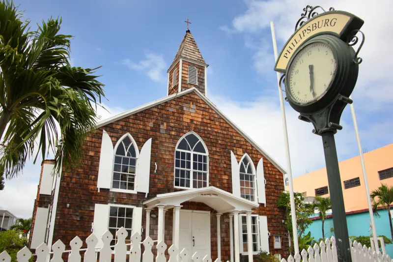 the methodist church with a traditional street clock outside, philipsburg, st maarten, caribbean
