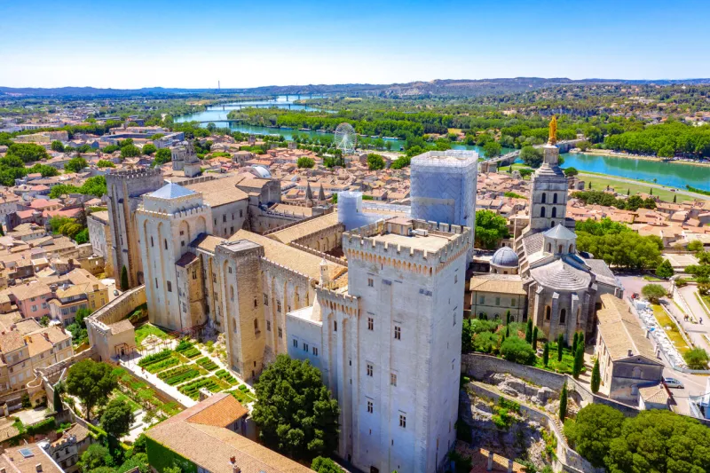 avignon bridge with popes palace and rhone river, pont saint-benezet, provence, france
