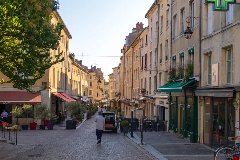 nancy, france - august 31, 2019  street view with stores, cafes and restaurants in the old town of nancy, lorraine, france