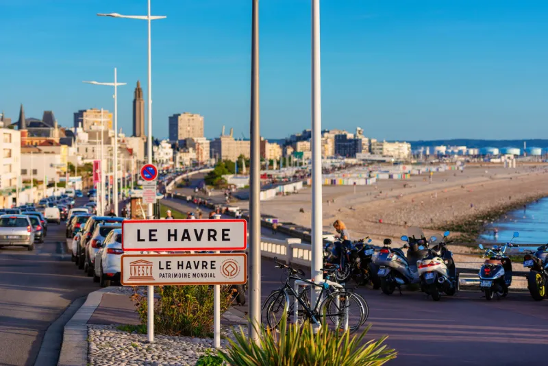 le havre, france - september 15, 2018  entrance sign to le havre, normandy, france since 2005 the downtown area of le havre has been declared an unesco world heritage site