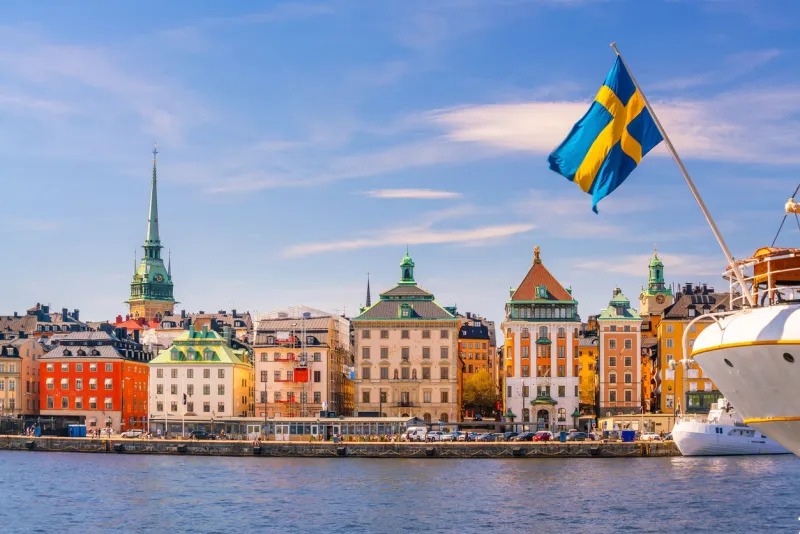stockholm old town city skyline, cityscape of sweden at sunset